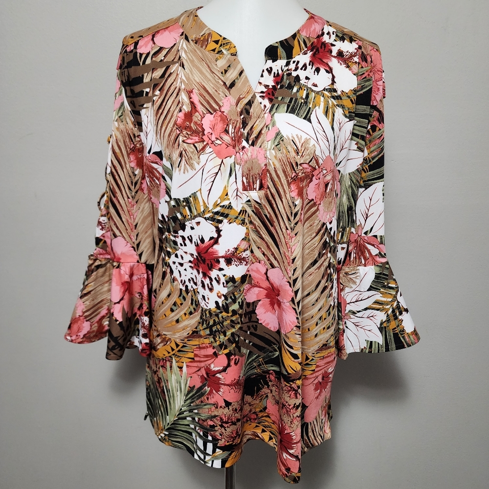 N Touch Tan Tropical Palm Leaf Lace Up Detail Bell Sleeve Blouse Size MP